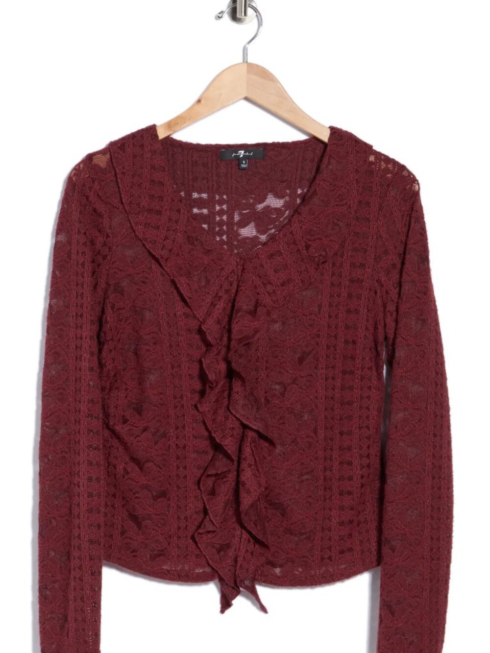 7 FOR ALL MANKIND Long Sleeve Lace Ruffle Top, Burgandy, Women's Size Medium